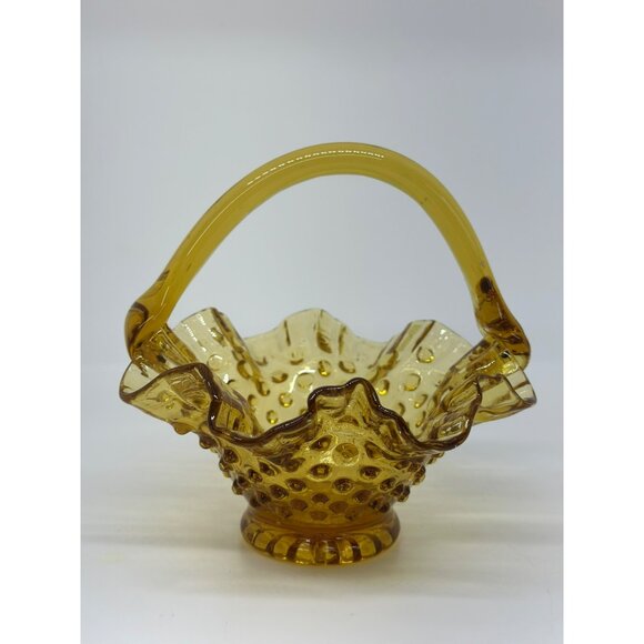 VTG Glass Amber Hobnail Ruffled Edge 5.75" Candy Basket Dish Handle - Picture 2 of 6